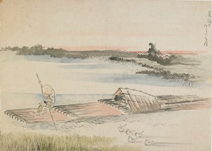 Krajobraz: wioślarz pokonujący swoją tratwę, koniec XVIII-początek XIX wieku. autorstwa Katsushika Hokusai