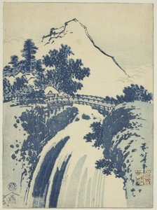 Pejzaż z wodospadem, z serii grafik chuban bez tytułu autorstwa Katsushika Hokusai
