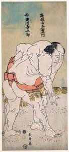 Les lutteurs sumo Takaneyama Yoichiemon i Sendagawa Kichigoro --The Sumo Wrestlers Takaneyama Yoichiemon i Sendagawa Kichigoro par Hokusai, Katsushika (1760-1849). Kolorowy drzeworyt, wymiary: 30,6x12,9, ok. 1792, kolekcja prywatna autorstwa Katsushika Hokusai