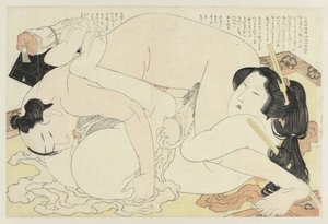 Mężczyzna i kobieta kochają się na dywanie Roślina Adonis (tytuł serii) Fukujuso (tytuł serii) autorstwa Katsushika Hokusai