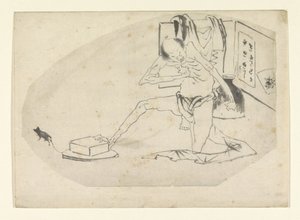 Mężczyzna w przepasce na biodrach, pudełku i myszy autorstwa Katsushika Hokusai