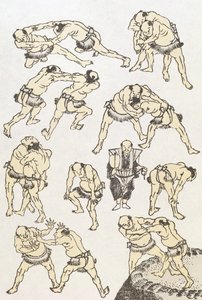 Manga: studia nad gestami i postawami zapaśników, wyd. 1849, (kolorowa odbitka drzeworytnicza) autorstwa Katsushika Hokusai