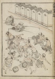 Mężczyźni zapasy i wędkarstwo (drzeworyt) autorstwa Katsushika Hokusai