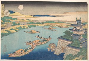„Blask księżyca nad rzeką Yodo (Yodogawa)”, z cyklu „Śnieg, księżyc i kwiaty” (Setsugekka) autorstwa Katsushika Hokusai