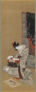 Noworoczny Custom: Makijaż w poranek noworoczny, okres Edo, ok. 1806-11 (tusz i kolor na jedwabiu) autorstwa Katsushika Hokusai