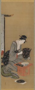 Noworoczny Custom: Życzenie noworocznego pomyślnego snu, okres Edo, ok. 1806-11 (tusz i kolor na jedwabiu) autorstwa Katsushika Hokusai