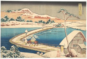 Stary widok mostu łodziowego w Sano w prowincji Kōzuke (Kōzuke Sano funabashi no kozu), z serii „Niezwykłe widoki mostów w różnych prowincjach” (Shokoku meikyō kiran) autorstwa Katsushika Hokusai