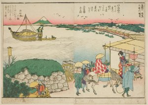 Strony z ilustrowanej książki „Panoramiczne widoki wzdłuż brzegów rzeki Sumida (Ehon Sumidagawa ryogan ichiran)” autorstwa Katsushika Hokusai