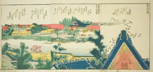 Strony z ilustrowanej książki „Panoramiczne widoki wzdłuż brzegów rzeki Sumida (Ehon Sumidagawa ryogan ichiran)” autorstwa Katsushika Hokusai