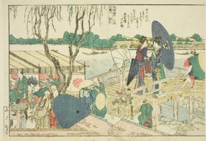 Strony z ilustrowanej książki „Panoramiczne widoki wzdłuż brzegów rzeki Sumida (Ehon Sumidagawa ryogan ichiran)” autorstwa Katsushika Hokusai