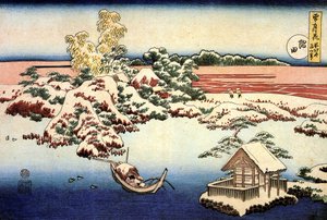 ""Śnieżny krajobraz nad rzeką Sumida, Japonia"" Grafika Katsushika Hokusai (1760-1849) (szkoła ukiyo-e) 1832 Państwowe Muzeum Sztuk Pięknych im. Puszkina, Moskwa autorstwa Katsushika Hokusai