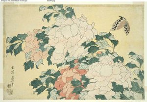 Piwonie i Motyl, z serii dużych kwiatów bez tytułu autorstwa Katsushika Hokusai