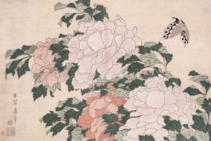 Różowe i czerwone piwonie zdmuchnięte w lewo na wietrze i motylu autorstwa Katsushika Hokusai
