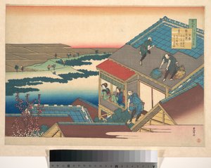 Wiersz autorstwa Ise, z cyklu „Sto wierszy wyjaśnionych przez pielęgniarkę” (Hyakunin isshu uba ga etoki) autorstwa Katsushika Hokusai