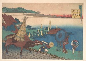 Wiersz autorstwa Motoyoshi Shinnō, z cyklu „Sto wierszy wyjaśnionych przez pielęgniarkę” (Hyakunin isshu uba ga etoki) autorstwa Katsushika Hokusai