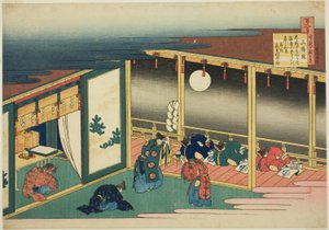 Wiersz Sanjo-in z serii „Sto wierszy wyjaśnionych przez pielęgniarkę” autorstwa Katsushika Hokusai