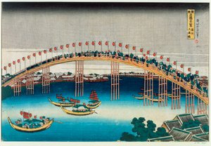 Procesja przez most (kolorowy drzeworyt) autorstwa Katsushika Hokusai