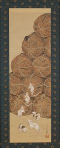 Szczury i bele ryżu, okres Edo, 1843 (tusz i kolor na jedwabiu) autorstwa Katsushika Hokusai