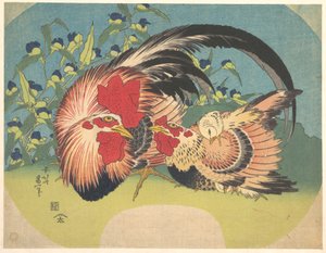 Kogut, kura i kurczak z trąbką autorstwa Katsushika Hokusai