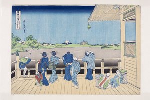 Sala Sazai Świątyni Pięciuset Arhatów (Gohyaku Rakan-ji Sazaid?) (kolorowy drzeworyt) autorstwa Katsushika Hokusai