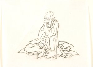 Siedzący starzec opierający się na lasce autorstwa Katsushika Hokusai
