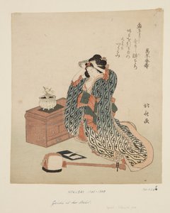 Shamisen Player Adjusting Her Hair (kolorowy drzeworyt) autorstwa Katsushika Hokusai