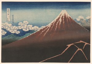 Prysznic pod szczytem (Sanka hakuu), z cyklu „Trzydzieści sześć widoków góry Fuji (Fugaku sanjurokkei)” autorstwa Katsushika Hokusai