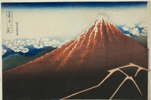 Prysznic pod szczytem (Sanka hakuu), z cyklu „Trzydzieści sześć widoków góry Fuji (Fugaku sanjurokkei)” autorstwa Katsushika Hokusai
