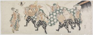 Sześć męskich bogów wykonujących taniec lwa, 1797-1819 (kolorowy drzeworyt) autorstwa Katsushika Hokusai