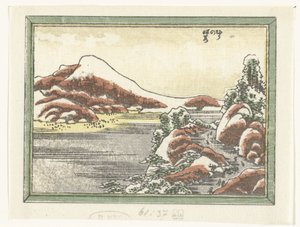 Śnieg na górze Hira Hira no bosetsu (tytuł na obiekcie) Grawerowane osiem widoków prowincji Omi (tytuł serii) Doban Omi hakkei (tytuł serii) autorstwa Katsushika Hokusai