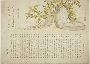 Wróble na kamieniach młyńskich z krzewami Hagi autorstwa Katsushika Hokusai