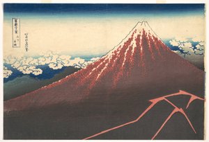 Burza u podnóża góry Fuji (Sanka no haku u), z cyklu „Trzydzieści sześć widoków góry Fuji” (Fugaku sanjūrokkei) autorstwa Katsushika Hokusai