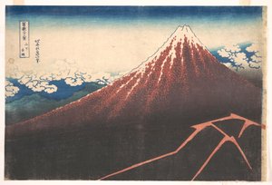 Burza u podnóża góry Fuji (Sanka no haku u), z cyklu „Trzydzieści sześć widoków góry Fuji” (Fugaku sanjūrokkei) autorstwa Katsushika Hokusai