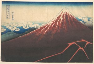 Burza u podnóża góry Fuji (Sanka no haku u), z cyklu „Trzydzieści sześć widoków góry Fuji” (Fugaku sanjūrokkei) autorstwa Katsushika Hokusai