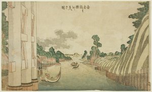 Rzeka Sumida widziana z mostu Azuma (Azumabashi yori Sumida wo miru no zu), z grupy pejzaży w stylu zachodnim autorstwa Katsushika Hokusai