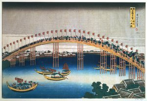 Most Temma, Osaka, Japonia, 1830 autorstwa Katsushika Hokusai