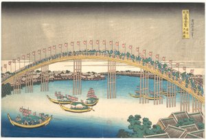 Most Tenman w prowincji Settsu (Sesshū Tenmanbashi), z serii „Niezwykłe widoki mostów w różnych prowincjach” (Shokoku meikyō kiran) autorstwa Katsushika Hokusai
