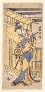 Aktor Nakamura Noshio II w kobiecej roli, trzymający szakuhači (flet bambusowy) autorstwa Katsushika Hokusai