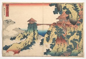 Most „Wisząca Chmura” na górze Gyōdō w pobliżu Ashikagi (Ashikaga Gyōdōzan kumo no kakehashi), z serii „Niezwykłe widoki mostów w różnych prowincjach” (Shokoku meikyō kiran) autorstwa Katsushika Hokusai
