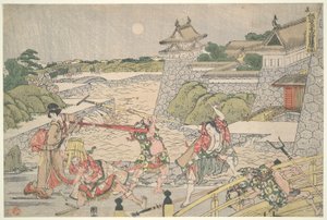 Lojalna Liga Czterdziestu Siedmiu R?in (Chushingura), Akt III: Kampei zaatakowana przez Bannai i jego ludzi autorstwa Katsushika Hokusai