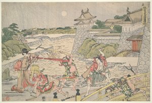 Lojalna Liga Czterdziestu Siedmiu Roninów (Chūshingura), Akt III: Kampei zostaje zaatakowany przez Bannai i jego ludzi autorstwa Katsushika Hokusai