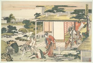 „Lojalna Liga Czterdziestu Siedmiu Roninów” (Chūshingura), Akt VII: Scena w herbaciarni. Ich iriki Heiyemon wyciąga szpiega Kudayū autorstwa Katsushika Hokusai