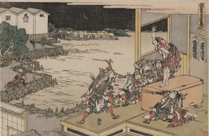 Lojalna Liga Czterdziestu Siedmiu Roninów (Chūshingura), Akt X: Gihei pilnuje skrzyni z bronią autorstwa Katsushika Hokusai