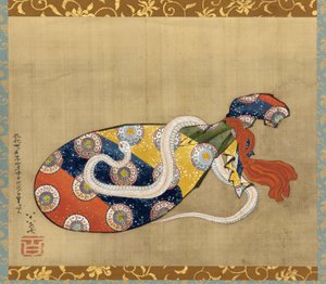Lutnia i biały wąż z Benten, okres Edo, 1847 (tusz i kolor na jedwabiu) autorstwa Katsushika Hokusai