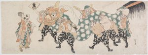 Siedmiu bogów szczęścia w tańcu lwa autorstwa Katsushika Hokusai