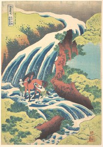 „Wodospad, przy którym Yoshitsune umył swojego konia w Yoshino w prowincji Yamato”, z serii „Podróż po wodospadach różnych prowincji” autorstwa Katsushika Hokusai