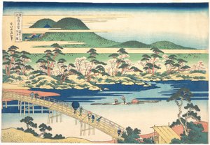 Most Togetsu w Arashiyamie w Yamashiro, z serii „Niezwykłe widoki mostów w różnych prowincjach” (Shokoku meikyō kiran) autorstwa Katsushika Hokusai