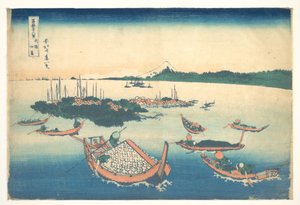Tsukudajima w prowincji Musashi (Buyō Tsukudajima), z cyklu „Trzydzieści sześć widoków góry Fuji” (Fugaku sanjūrokkei) autorstwa Katsushika Hokusai