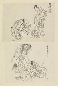 Dwie sceny, jedna z mężczyzną i kobietą, a druga z mężczyzną i lisicą autorstwa Katsushika Hokusai