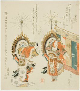 Dwóch żołnierzy bijących w bębny autorstwa Katsushika Hokusai
